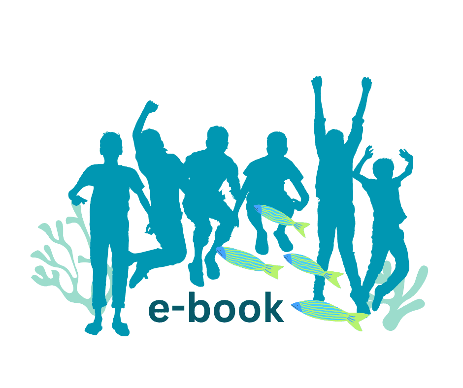 六个跳跃或欢呼的蓝绿色人物剪影，前景有几条彩色小鱼和海藻，下面写着“e-book”。